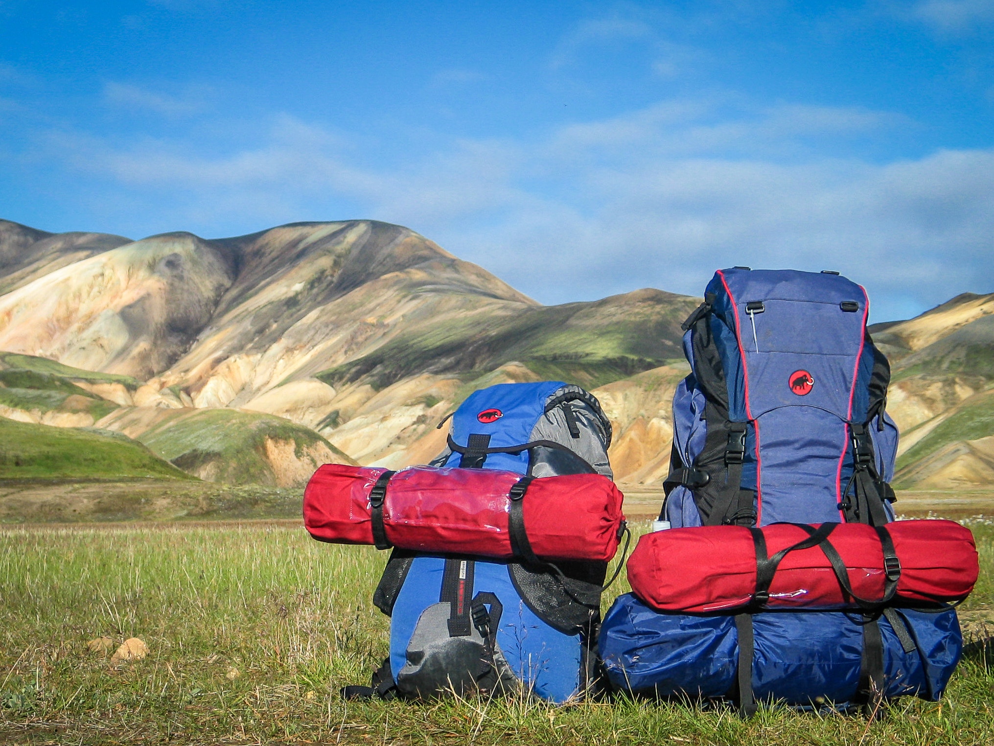 Camping backpack in a field